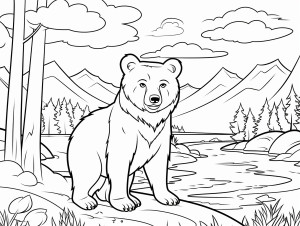 Раскраска реалистичный медведь на берегу горной реки