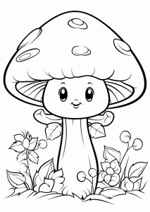 Раскраска мультяшный гриб с лицом и листочками