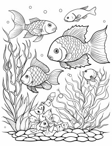 Раскраска рыбки с морскими растениями в воде
