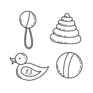 Раскраска игрушки для младенцев: погремушка, пирамидка, мячик и резиновая уточка